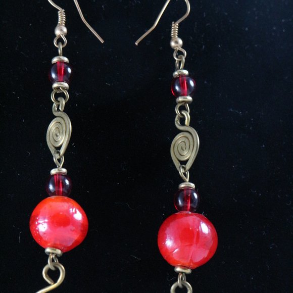 Handmade East African Brass Red Ceramic Beaded Drop Earrings Pair - Picture 2 of 5